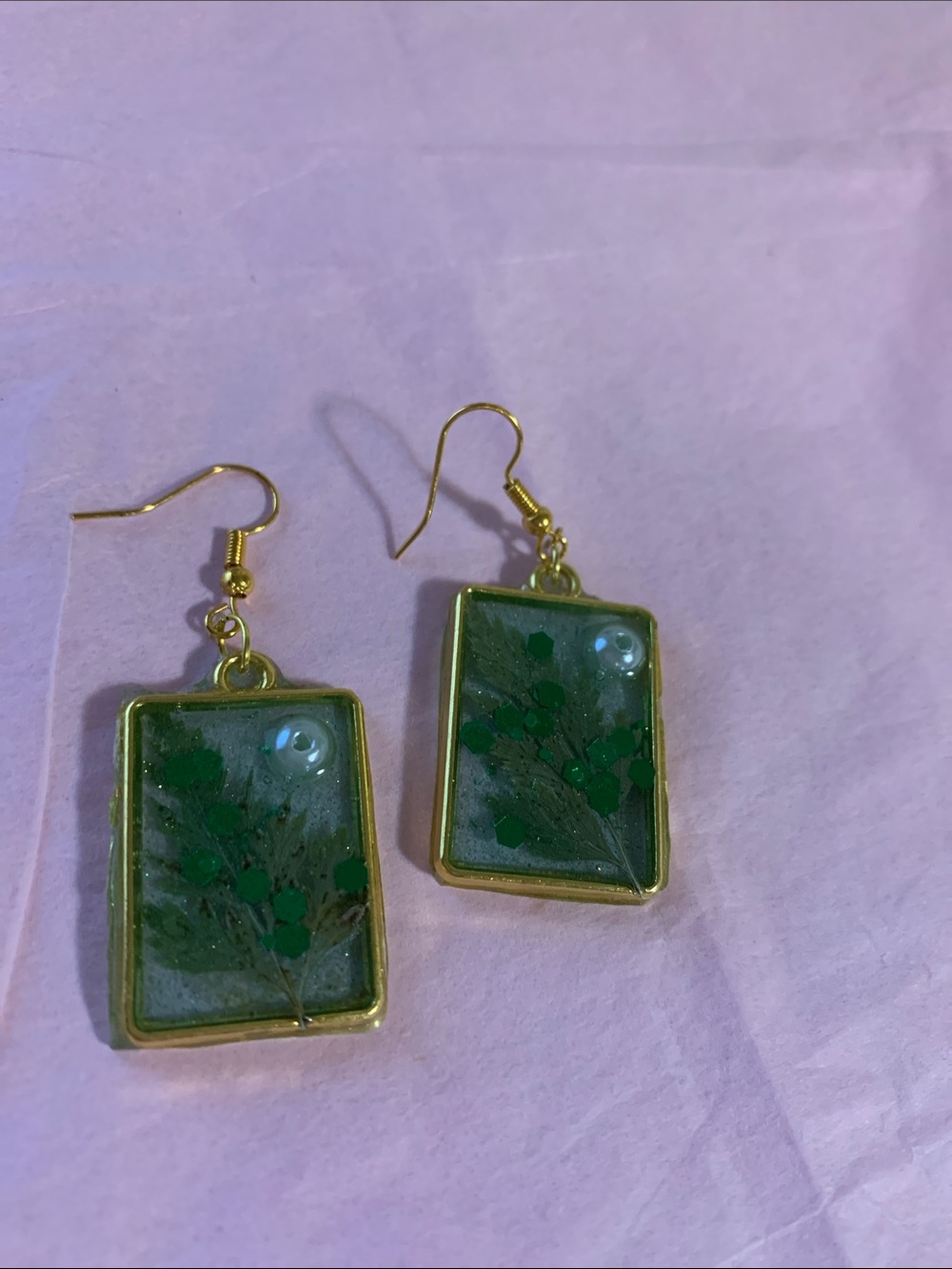 Gold-Frame Green Botanical Resin Drop Earrings